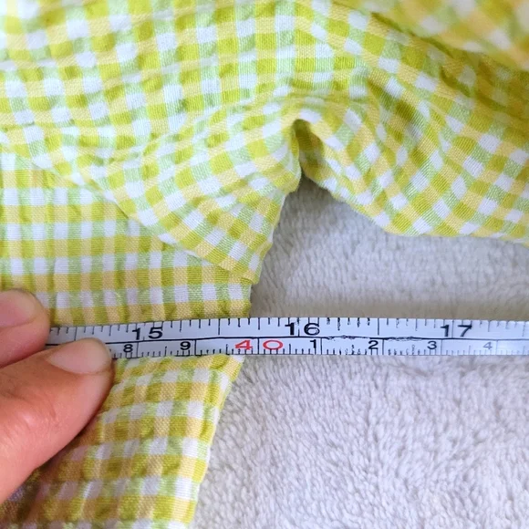 💕 Zara NEW Lime Yellow Gingham Plaid Crop Bubble Sleeves Checkered Knot Zipper - Picture 9 of 15